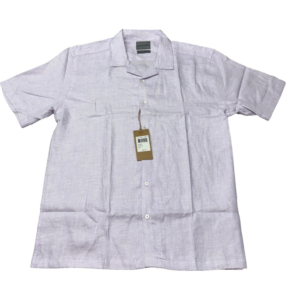 Stitch Note European Linen Short-Sleeve Button Up Purple Large NWT